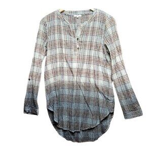 Mystree Anthropologie Plaid Long Sleeve Henley Tunic Top  Womens Small